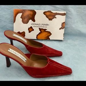 Red suede Donald Pliner mules.  Size 10 N